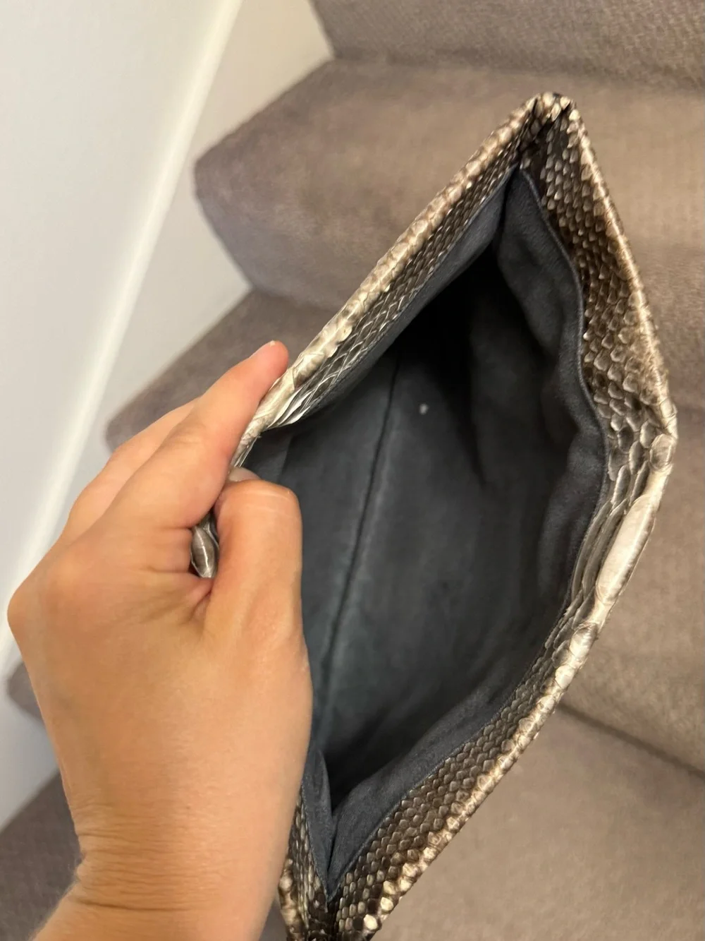 Python-Effect Foldover Clutch Bag in Taupe and Black